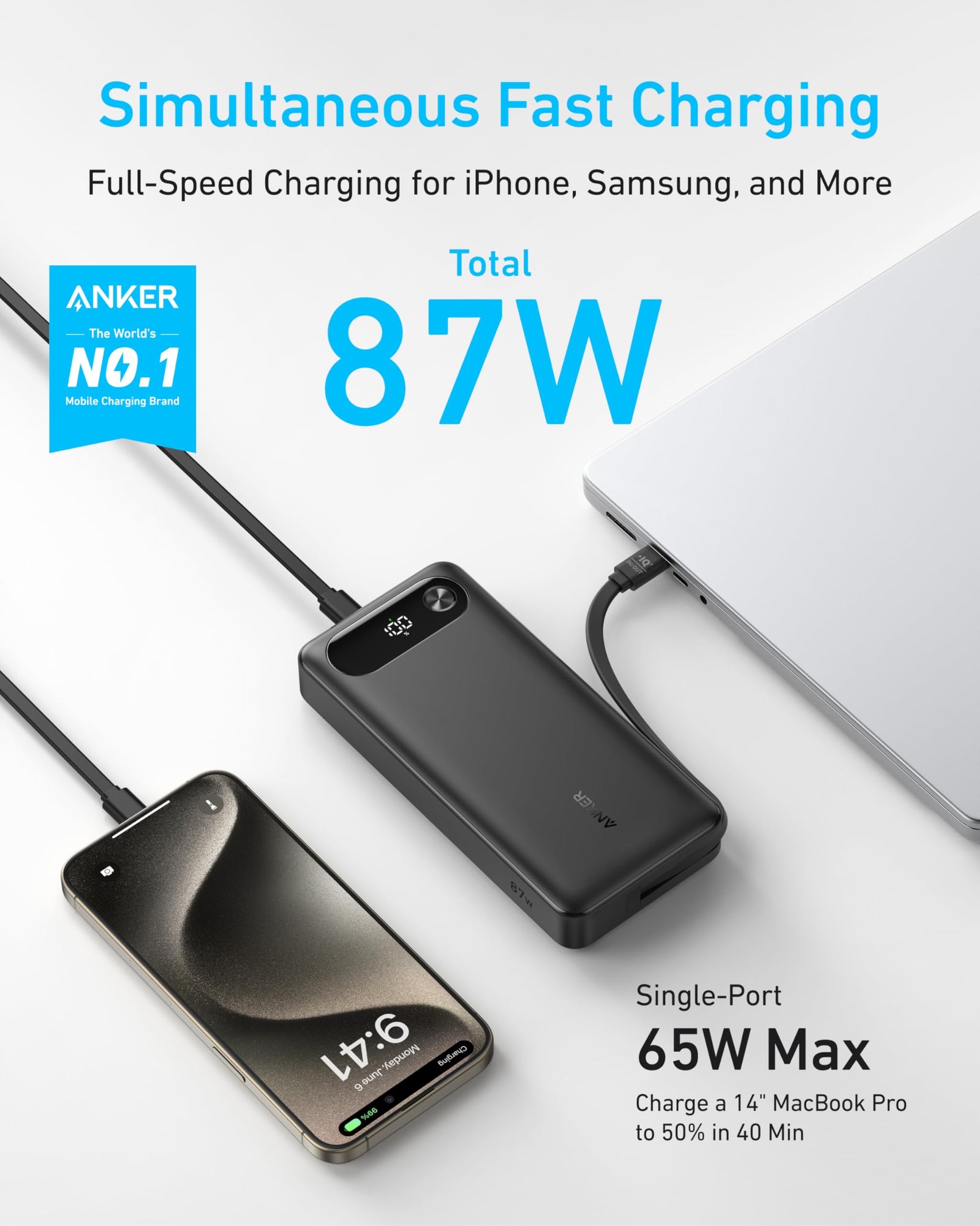 Anker Power Bank (20K, 87W, Built-in USB-C Cable) Black - Image 2