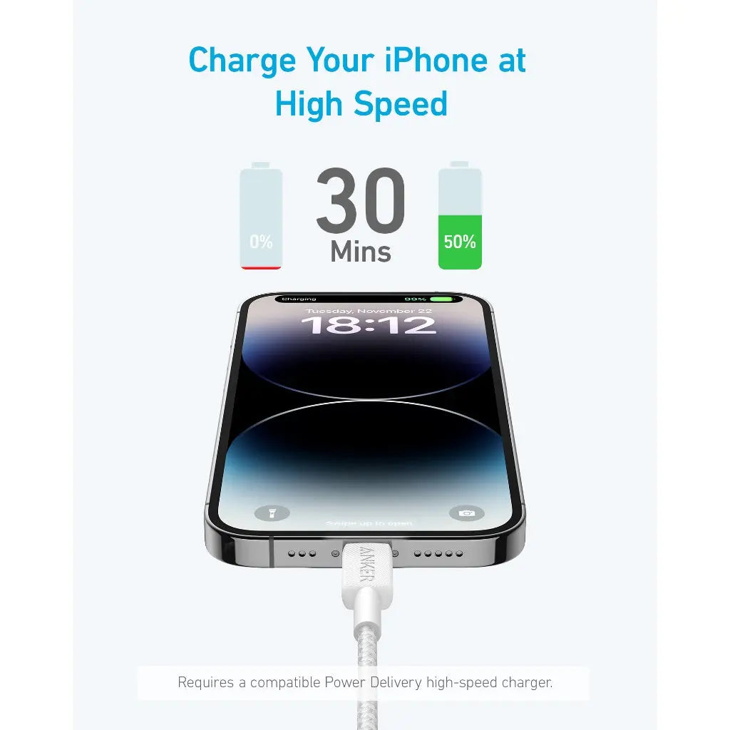 Anker 322 USB-C to Lightning Cable (6ft Braided) White - Image 2